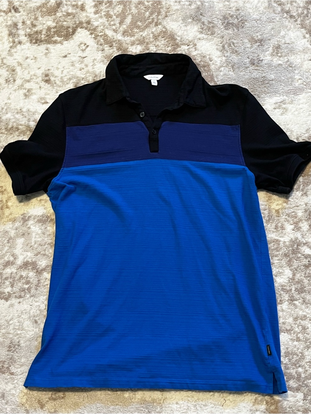 Calvin Klein Mens Medium Blue Black Colorblock Short Sleeve Polo Shirt Cotton